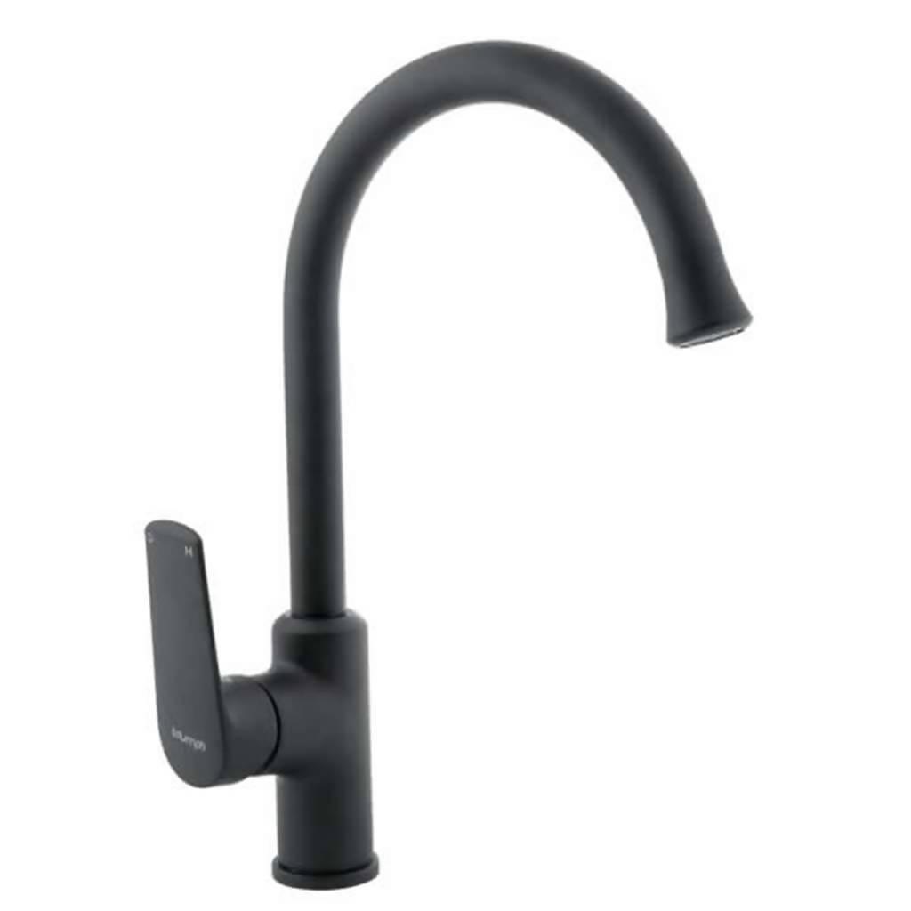 Magnetite Deck Type Sink Mixer, P-Shaped Swivel Spout, Matt Black DZR Brass